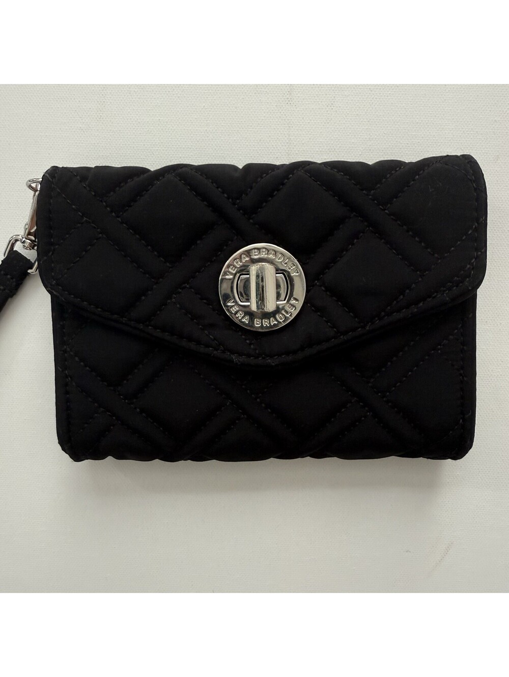 Vera Bradley Black Quilted Turn Lock Wristlet Wallet Colorful Leaf Interior